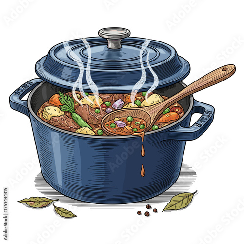 Steaming pot of stew illustrated in detailed colorful style