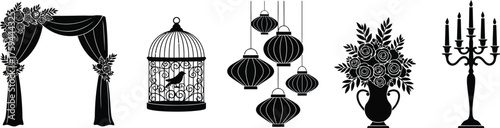 Silhouette of wedding decoration arch, birdcage, lantern, flower vase and candelabra for wedding ceremony