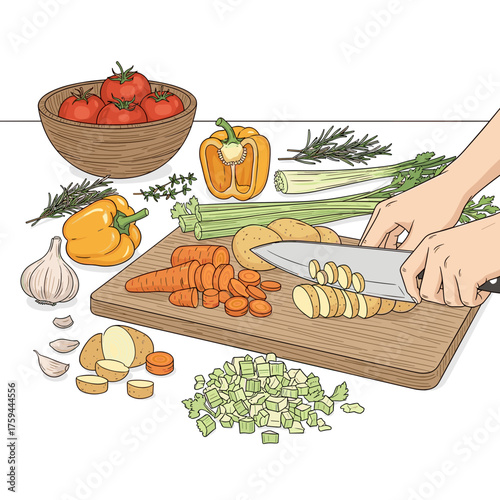 Hands chopping vegetables on cutting board illustrated in color