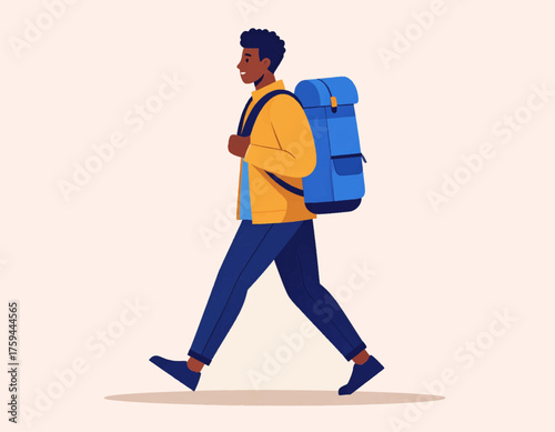 A young Black man with dark curly hair walks confidently with a large blue backpack on his back.
