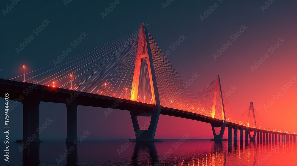 Obraz premium Stunning Modern Bridge Illuminated at Dusk with Vibrant Lights