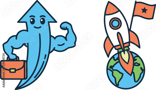 Cartoon blue arrow character with briefcase and flexing muscles next to a rocket launching from earth