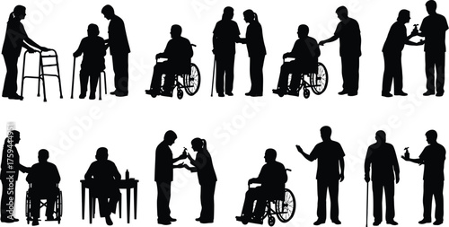 Silhouette vector illustration of medical staff assisting elderly patients with mobility issues