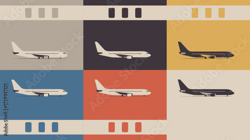 Illustrated airplanes in different colors arranged on a film strip style background design layout