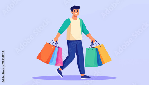 Illustration of a man carrying multiple shopping bags, smiling and appearing happy with his purchases.