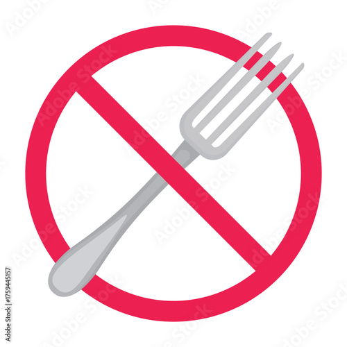 No fork sign, forbidden sign with fork icon, stop using fork, do not use fork sign, disadvantages of metal cutlery, red crossed circle symbol, vector illustration