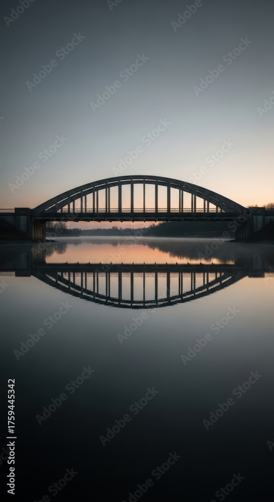 Naklejka premium An arched metal bridge with a silhouette of people walking across it, reflected in the still water below during a moody sunset