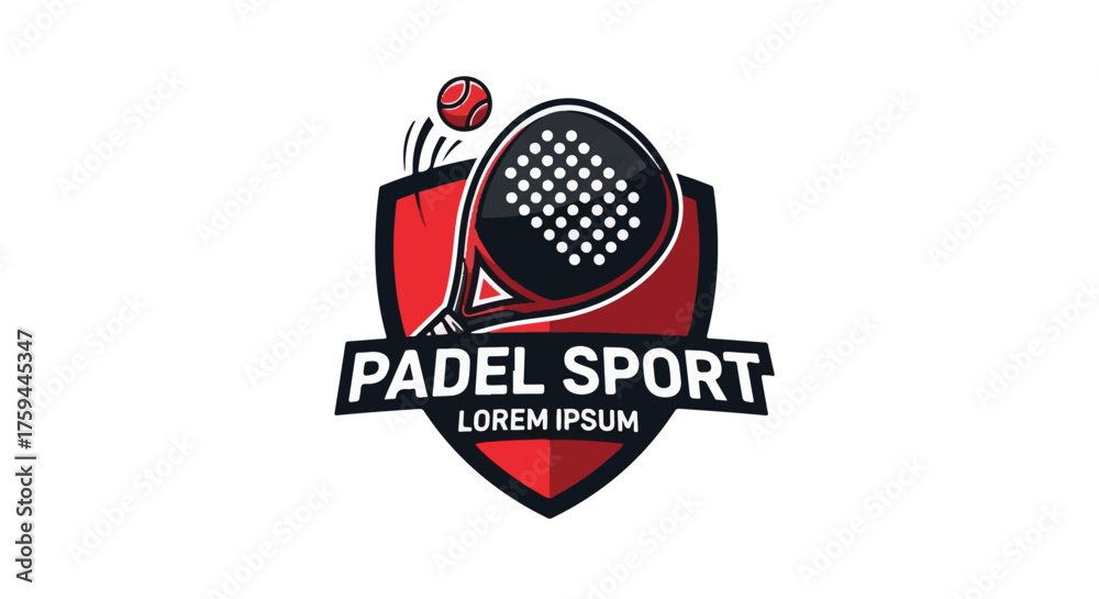Fototapeta premium Padel sport logo design with a modern racket and ball on a shield emblem. Vector illustration for a sports club or tournament badge