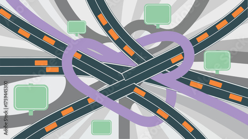 Illustration of a complex highway interchange with signs and colorful abstract background design