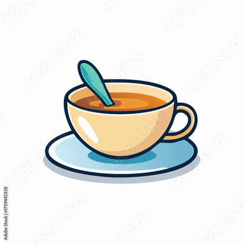 Cup of tea with spoon on a saucer, ready to drink.