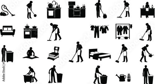 Collection of cleaning silhouettes showing various household chores, including vacuuming, mopping, washing dishes and laundry