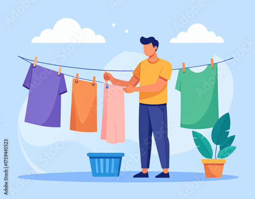 A man in a yellow t-shirt and blue pants hangs freshly washed clothes on an outdoor clothesline under a clear blue sky with white clouds, with a laundry basket nearby.