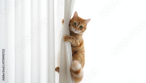 A playful ginger tabby cat climbs a sheer white curtain near a bright window