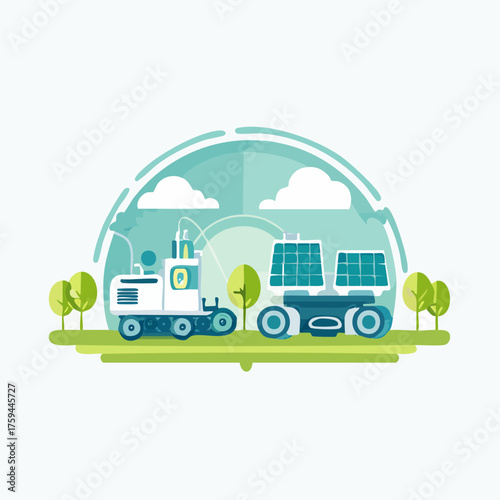 Solar energy powered vehicles in a green environment.