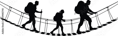 Silhouette of people hiking rope bridge, symbolizing teamwork, adventure, and overcoming challenges together