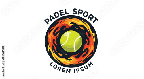 Dynamic Padel and Tennis Sport Emblem Illustration with a Flaming Ball Design, conveying energy and competitive spirit within a circular graphic concept