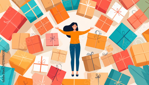 A woman stands with her arms outstretched surrounded by a large collection of colorful gift boxes.