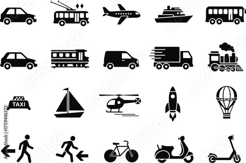Transportation icon set, silhouette vehicles, travel modes, mobility symbols, land air water transport, black shapes, motion graphics, design elements
