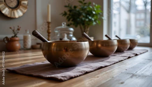 Wallpaper Mural Elegant Collection of Bronze Bowls Arranged on a Wooden Table in a Cozy and Serene Interior Torontodigital.ca