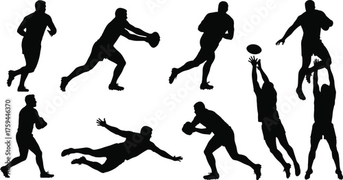 Silhouettes of rugby players in various actions, including running, passing, catching, and tackling, showing athleticism