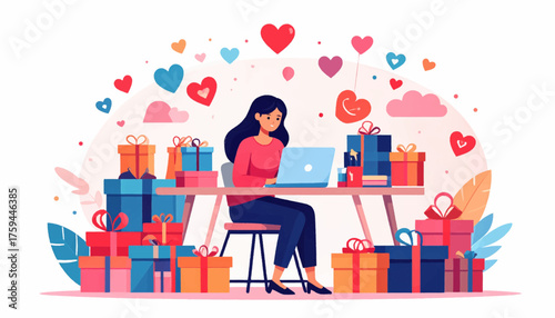 A woman working on a laptop surrounded by numerous colorful gift boxes and floating hearts, depicting online shopping or gift management.
