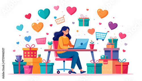 A woman is sitting at a desk, working on a laptop, surrounded by gifts and hearts.
