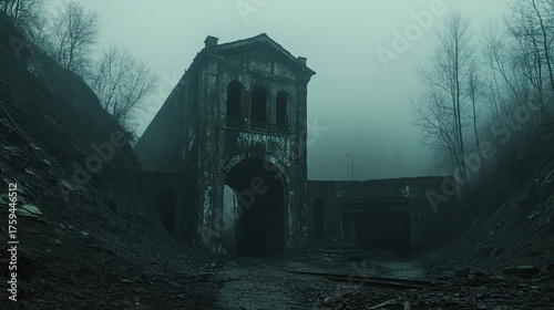 Mysterious abandoned brick structure shrouded in atmospheric fog, evoking a sense of forgotten history and industrial decay amidst barren trees and rough terrain