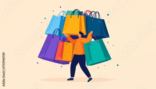 A person happily carrying multiple shopping bags in a vibrant scene