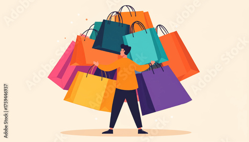 A person surrounded by shopping bags in various colors, indicating a successful shopping spree or consumerism.