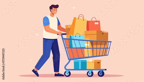 Man walking with a shopping cart full of bags in a retail environment