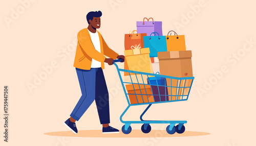 Man pushing a shopping cart full of bags and boxes.