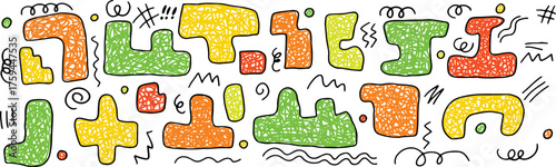 Bright hand-painted abstract shapes painted with a brush in yellow, green, and orange tones with dynamic lines and waves, styled in a trendy grunge look.
