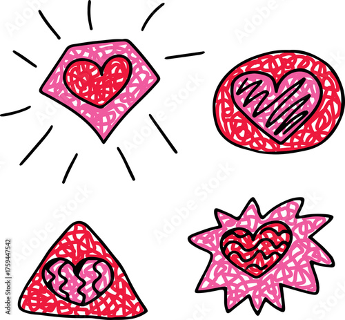 Grunge-inspired design with pink and red brushstroke hearts inside geometric shapes, enhanced by bold black outlines for a vivid appearance.