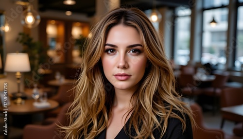 Portrait of a Young Woman with Long Brown Hair in a Modern Cafe Setting