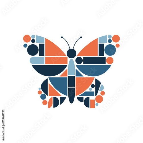 Stylized butterfly illustration in blue and coral colors with geometric design concept