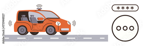 Self-driving car with sensors navigating road alongside digital interface showcasing connectivity. Ideal for technology, innovation, autonomy, artificial intelligence, transportation, safety