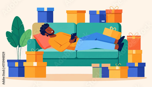 A man relaxes on a couch, surrounded by gift boxes, while using his phone.