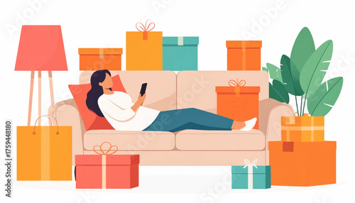 Woman lying on sofa surrounded by gift boxes, using a smartphone for online shopping.