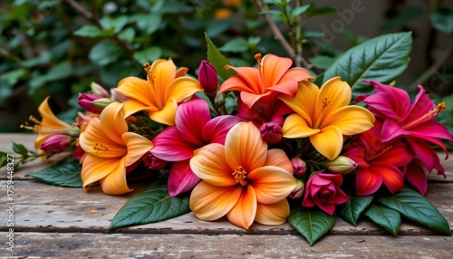 Colorful Arrangement of Orange Pink and Yellow Flowers Displayed on Rustic Wooden Surface