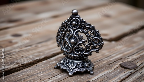 Intricate Ornate Metal Sculpture Stand with Vintage Elegance on Rustic Wooden Background