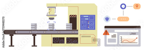 Industrial conveyor with stacks of boxes, automated machinery, and analysis dashboard. Ideal for production, automation, quality control, industry 4.0, data monitoring efficiency simple flat