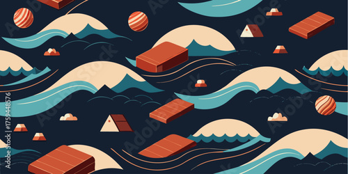 Abstract Wavy Landscape with Geometric Shapes and Stripes