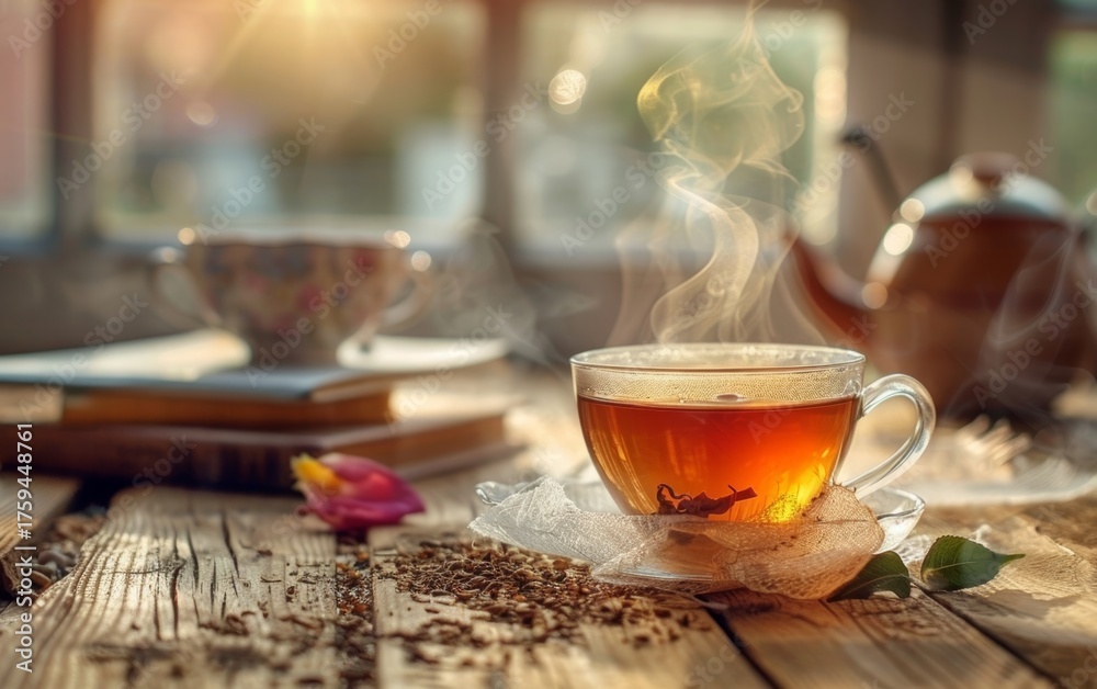 Fototapeta premium A tea cup basks in the warm sunlight, its steam forming a delicate swirl, with tea leaves and a hint of nature adding to the serene setting.
