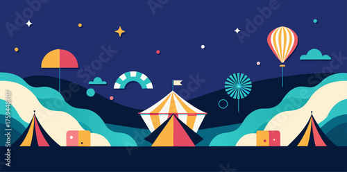 Colorful Carnival Night Scene with Tent and Hot Air Balloon