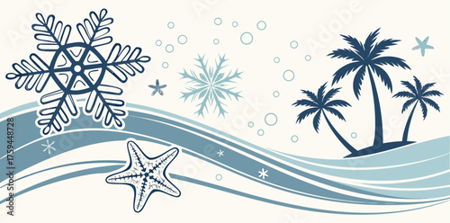 Contrasting winter and tropical elements with snowflakes and palm trees