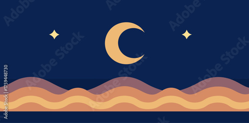 Crescent Moon And Stars Over Wavy Landscape At Night Keywords: night, moon, crescent moon, stars