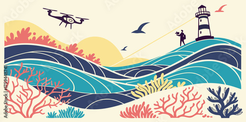 Drone Captures Lighthouse Scene with Stylized Landscape