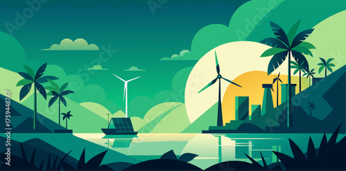 Eco- Friendly Landscape with Wind Turbines and Sun