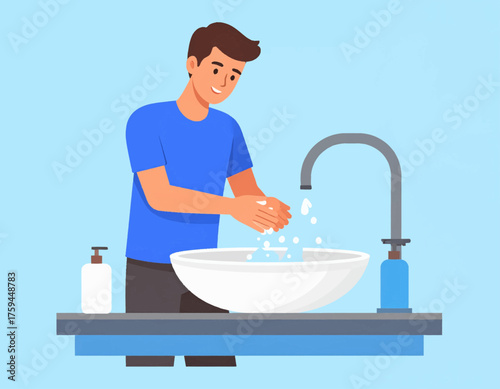 A man washes his hands with soap and water in a bathroom sink.