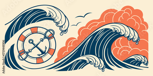 Nautical Waves With Anchor And Lifebuoy Illustration Keywords: ocean, sea, waves, nautical